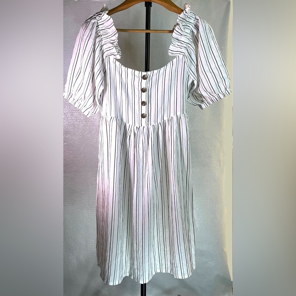 Free People Off-White Linen Dress with Dark Blue Pinstripes
